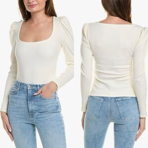 7 For All Mankind Ribbed Long Puff Sleeve Square Neck Women’s L‎ Ivory Romantic